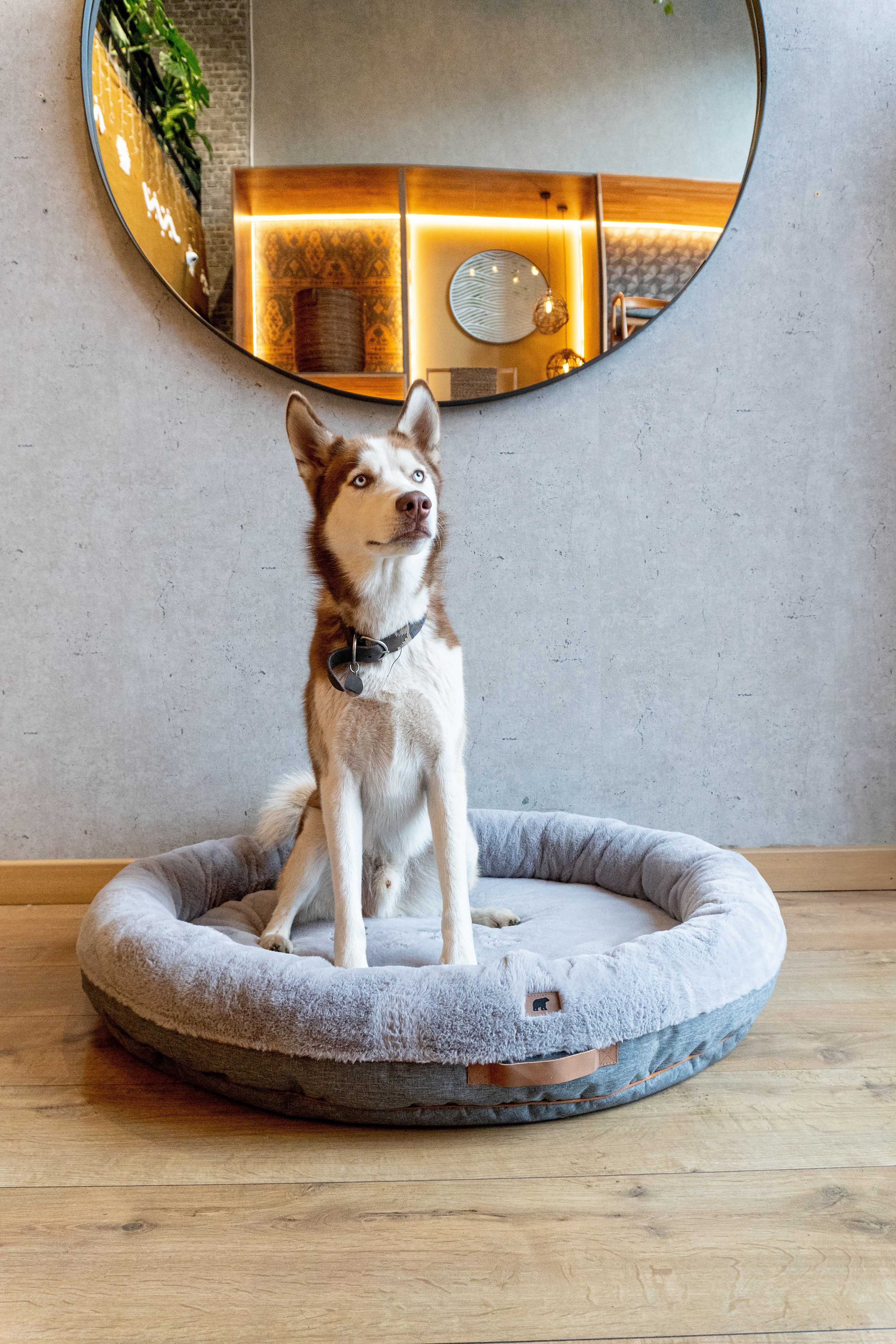 Cozy gray Pouf Pets Paco Gris pet bed with a soft, furry texture and non-slip base, perfect for pet relaxation.