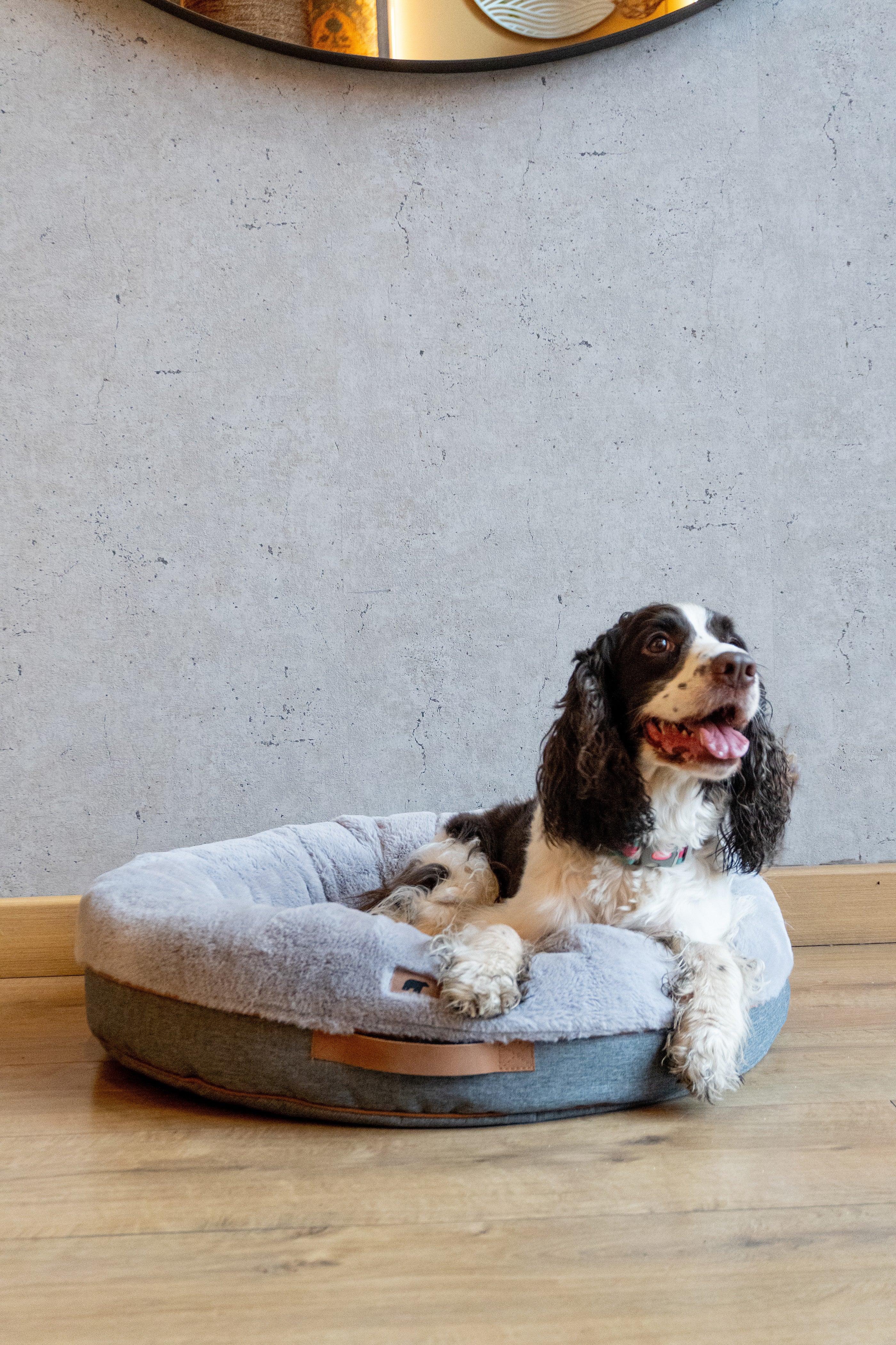 Cozy gray Pouf Pets Paco Gris pet bed with a soft, furry texture and non-slip base, perfect for pets to relax in comfort.