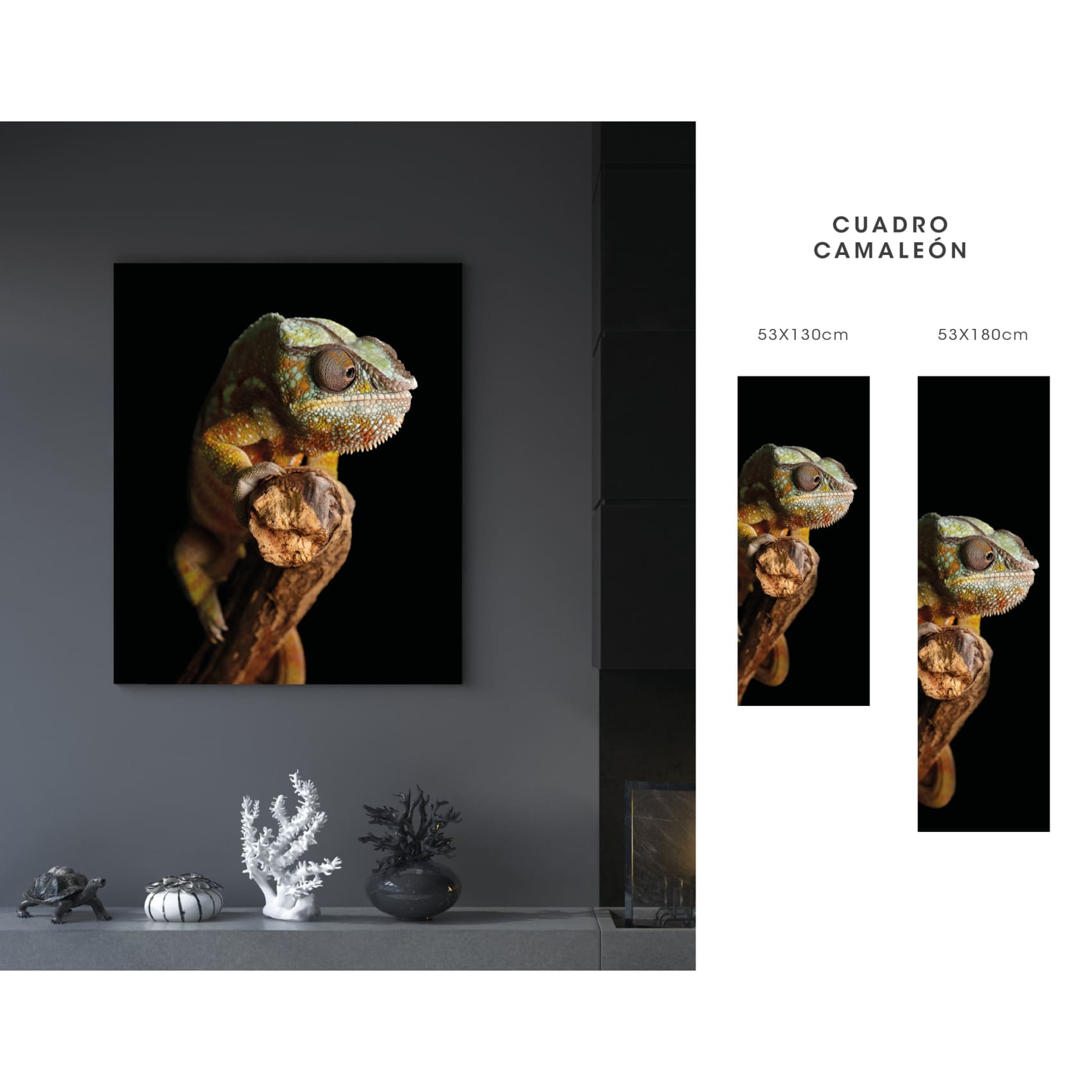 Vibrant Cuadro Camaleón wall art showcasing a striking chameleon design with sharp details and bold colors on premium canvas.