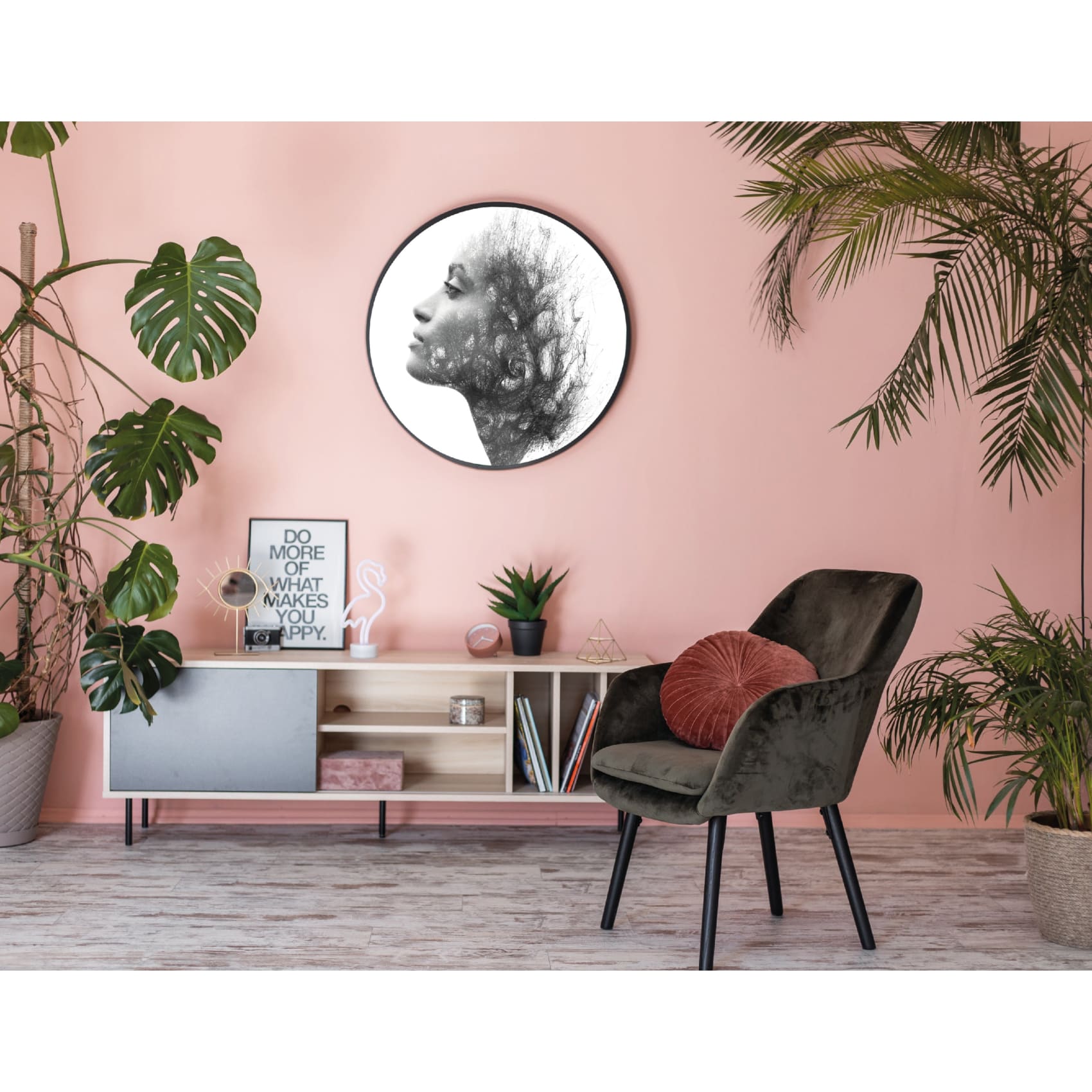 Vibrant Cuadro Redondo Aurora artwork on canvas, framed in MDF, adding elegance with a sophisticated electrostatic finish.