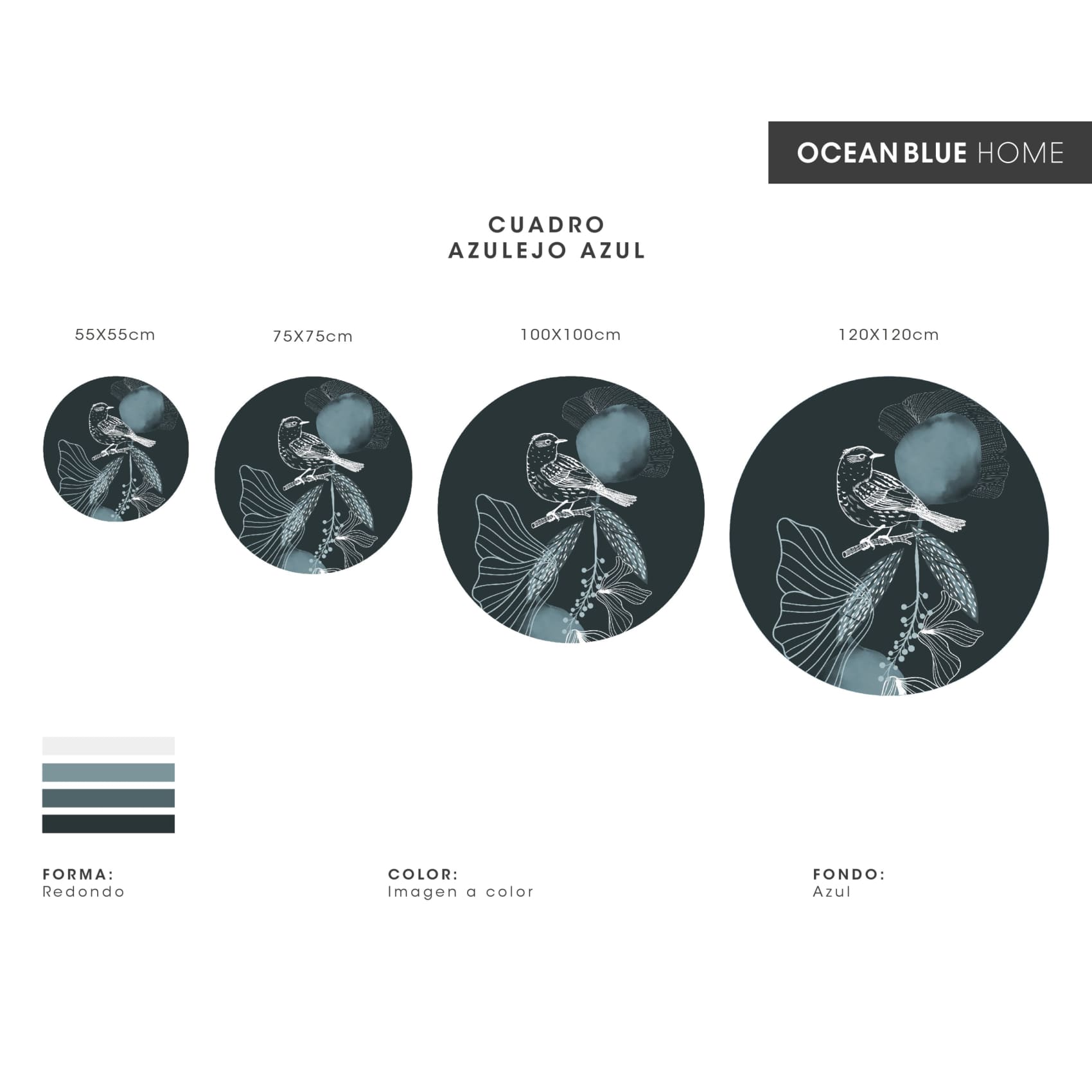Vibrant Cuadro Redondo Azulejo wall art with a digital print on canvas, framed in MDF, adding elegance to any space.
