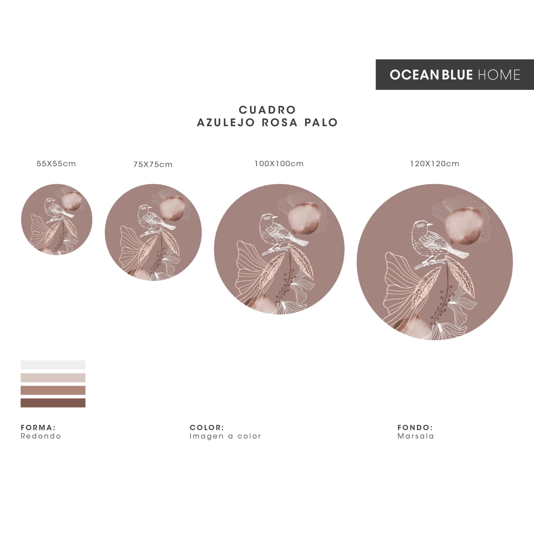 Vibrant Cuadro Redondo Azulejo Palo Rosa artwork on canvas, framed in MDF, adding elegance with a sophisticated electrostatic paint finish.