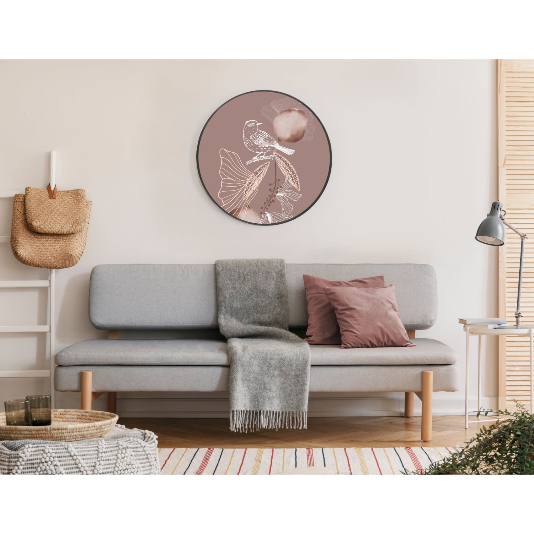 Vibrant Cuadro Redondo Azulejo Palo Rosa artwork on canvas, framed in MDF, adding elegance with a sophisticated electrostatic paint finish.