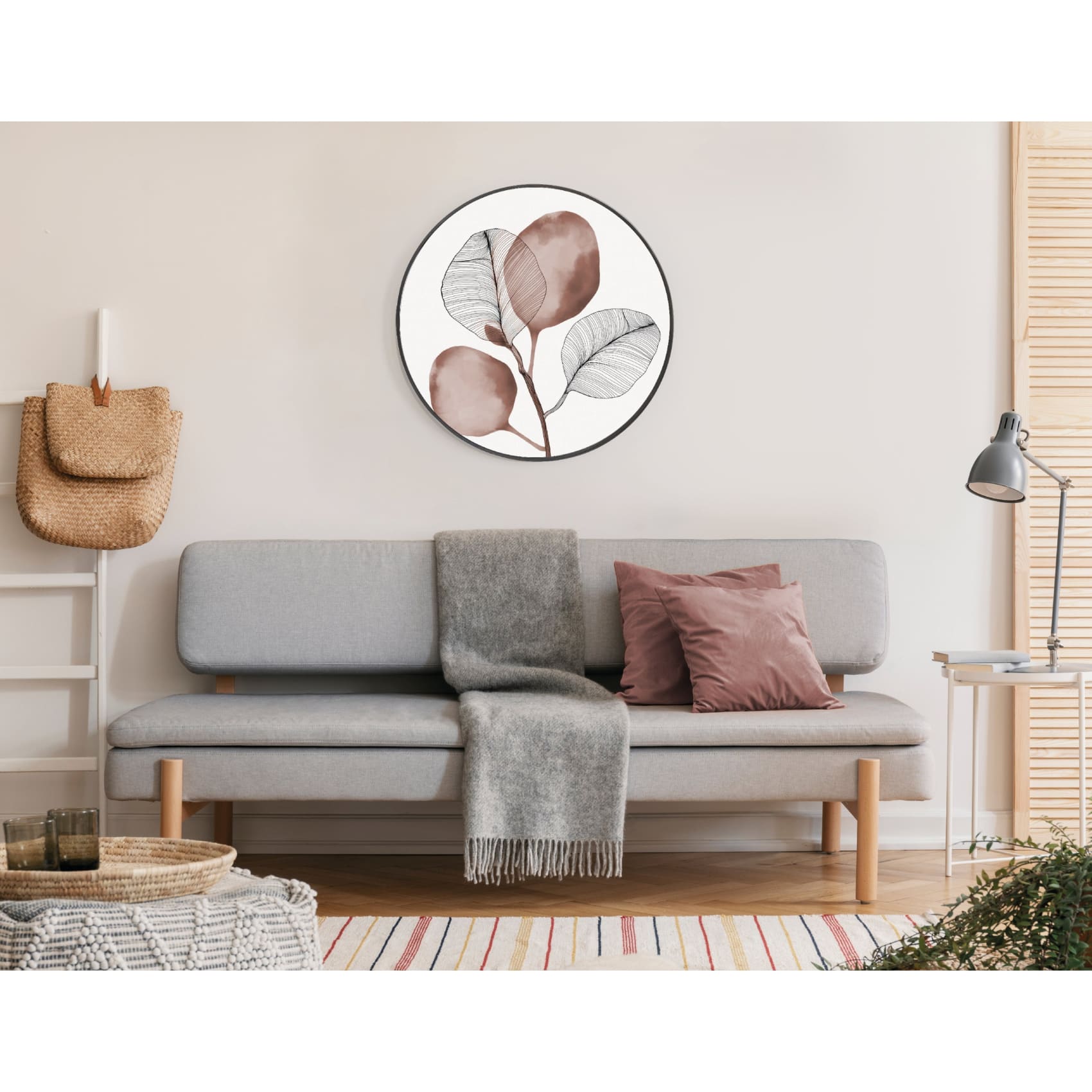 Elegant round Sauze Palo Rosa canvas print in a sleek MDF frame, adding sophistication with a subtle metallic spacer for depth.