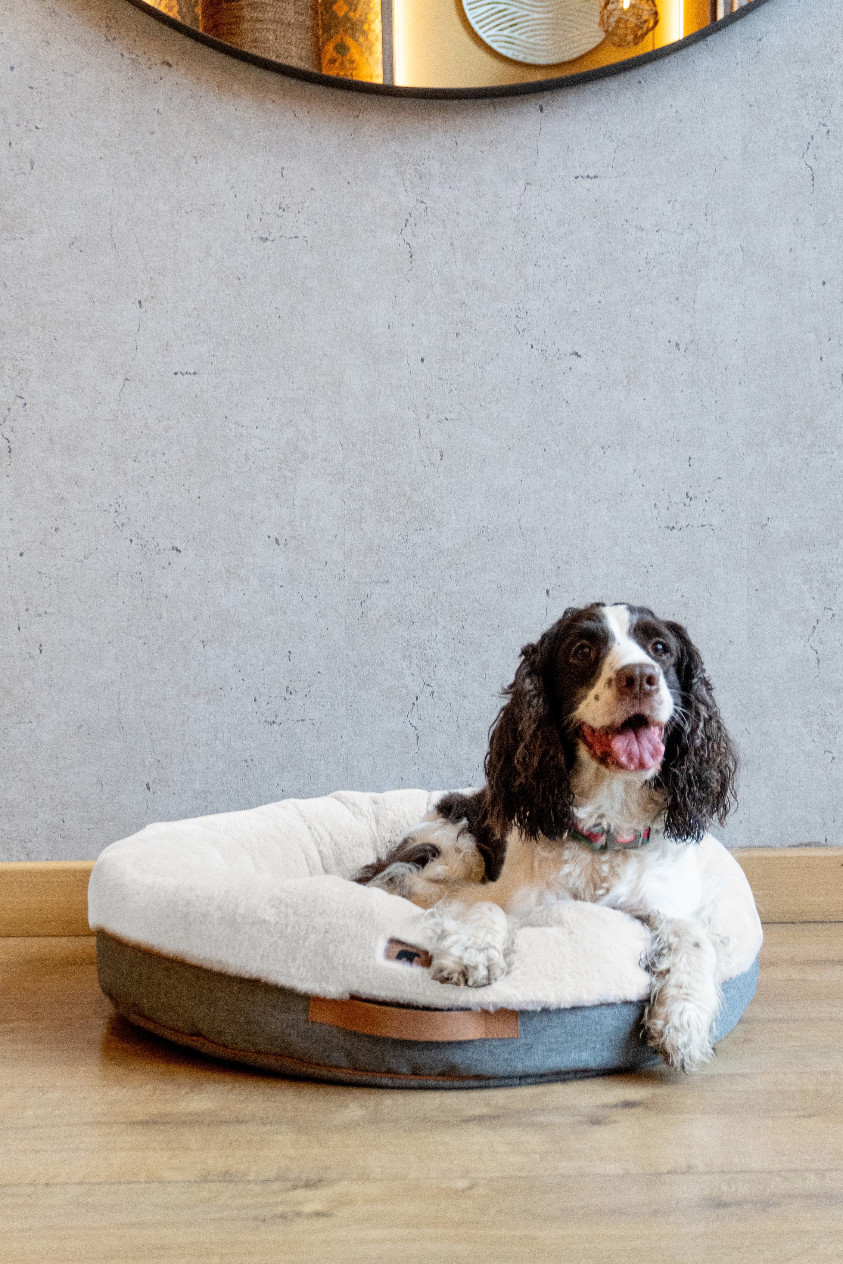 Cozy Pouf Pets Paco Crudo pet bed in a soft, neutral tone, offering a plush, round resting spot for pets of all sizes.